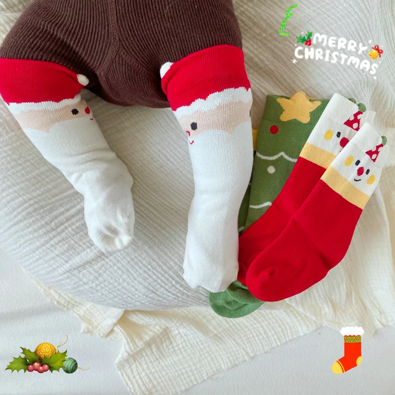 3Pair Children Christmas Socks Cotton Long Sock Cute Santa Claus Kids Over-the-knee Socks 2-5Year Baby Footwear Kids Calf Socks