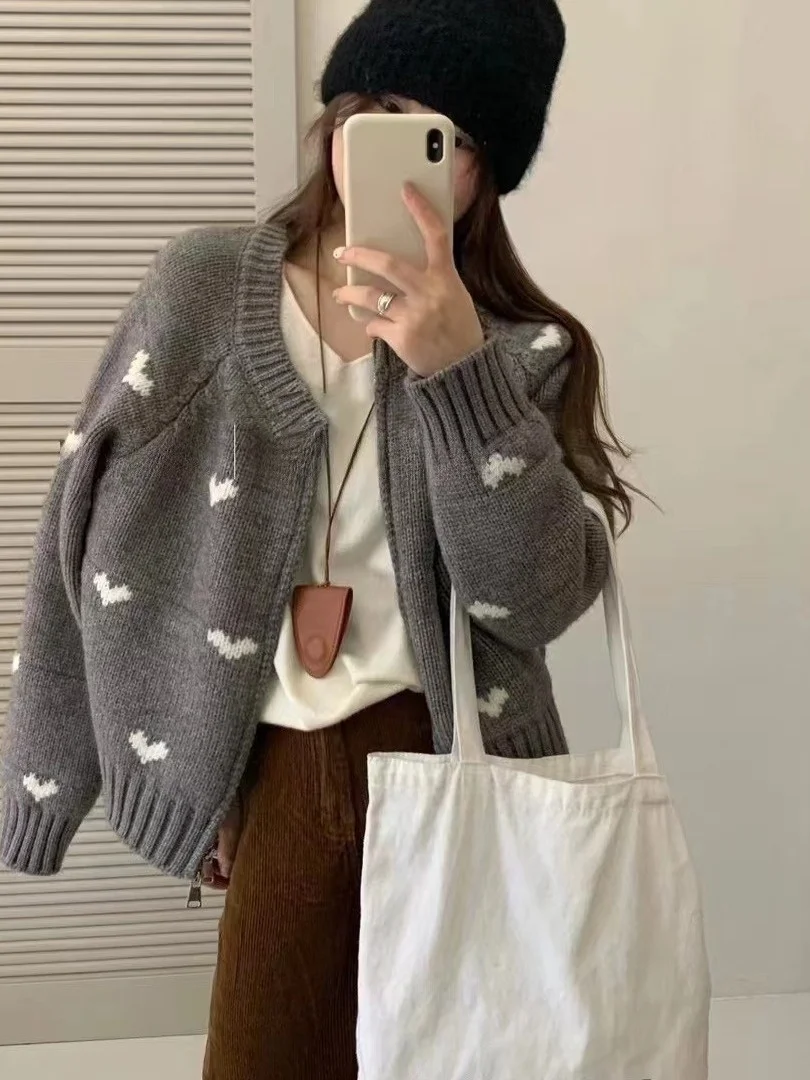 

Корейский мягкий массивный свитер с сердечками на молнии, открытый кардиган, свободный женский осенне-зимний длинный све, круглый топ Ne