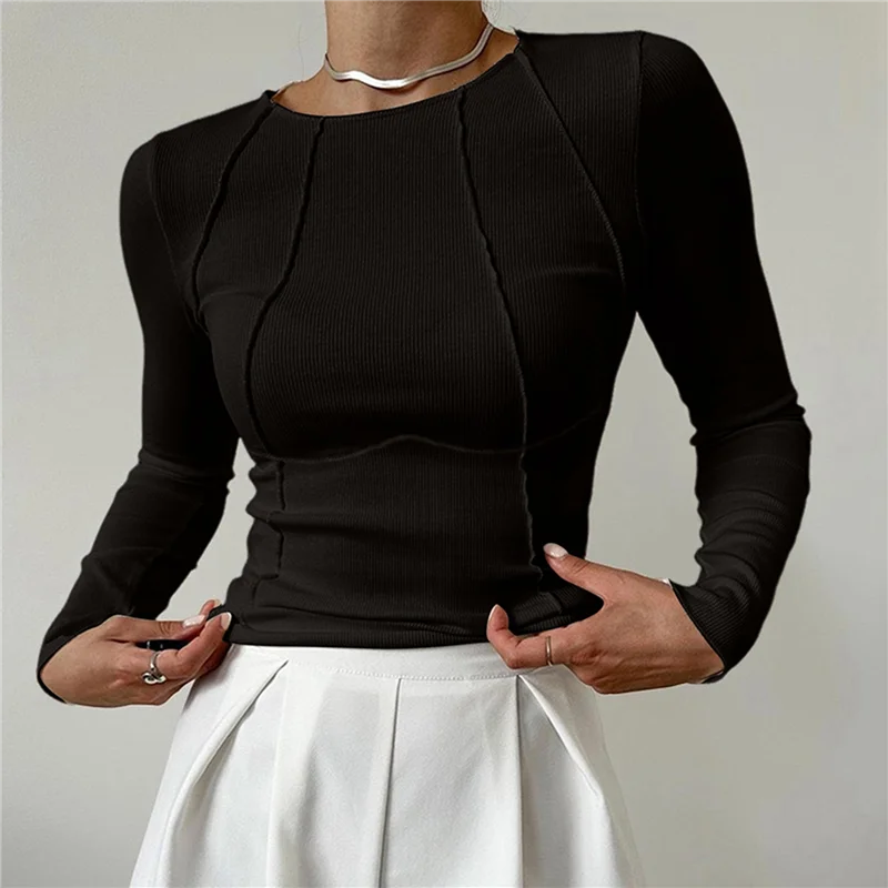 CGS-Camicie a maniche lunghe da donna Slim Fit Girocollo Abiti autunnali Cuciture esposte Top basic a costine