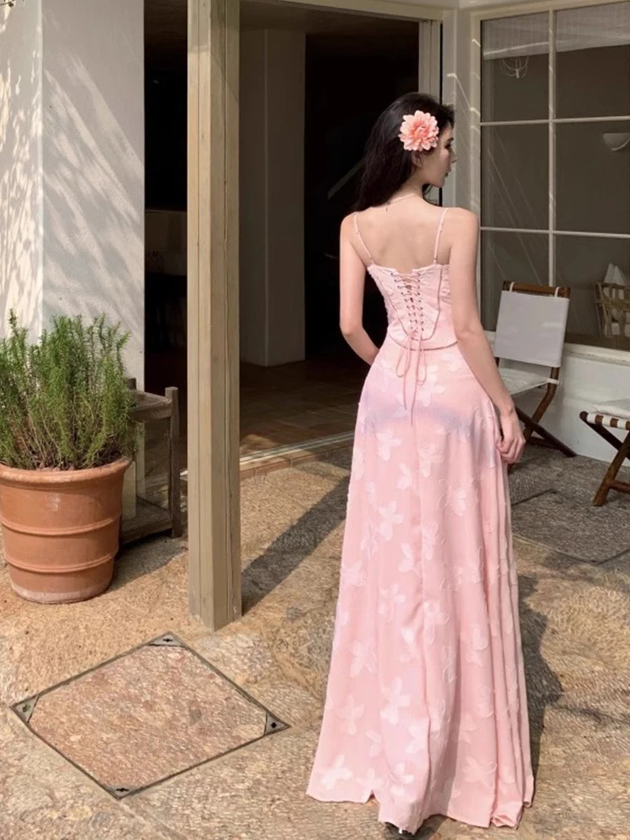 REDDACHiC Abito da donna con ricamo floreale Abito con lacci testurizzato cavo e svasatura Abito da festa maxi lungo Abiti estivi da sposa