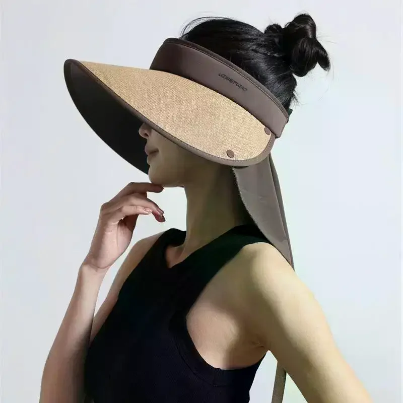 Riding Shade! Foldable Vinyl Empty Top Sun Hat, Big Brim Straw Cap & Removable UV Protection Accessory