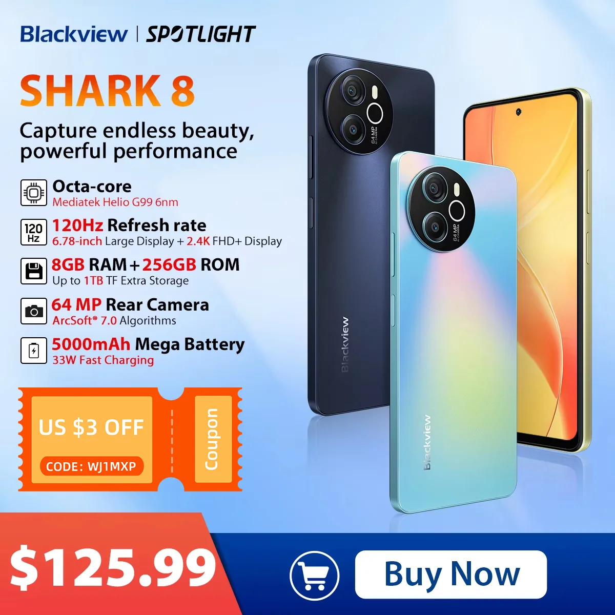 Blackview SHARK 8 Smartphone Android13 G99 Mobile Phone 6.78'' 120Hz 2.4K Display 8GB+8GB RAM, 128GB/256GB ROM 64MP Cellphone