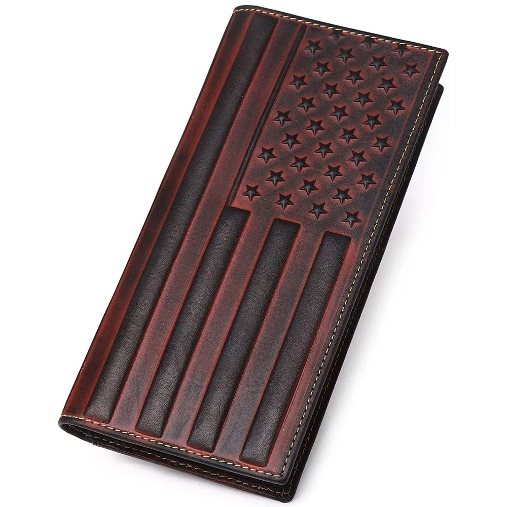 

Denim Western Leather Checkbook Men's Wallet American Flag Embossed Long Bi-Fold Tool Genuine Leather Card Holder Wallet