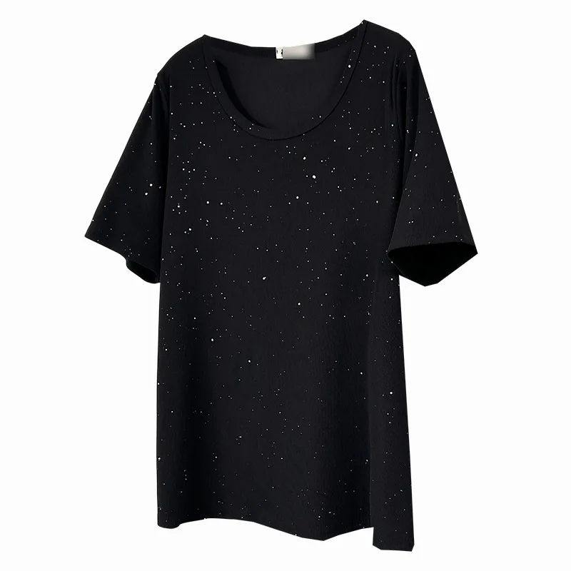 

Летняя женская футболка больших размеров 2026 с блестками, коротким рукавом, свободного кроя, оверсайз, удлиненная, повседневная, для пышных дам, модель 2606