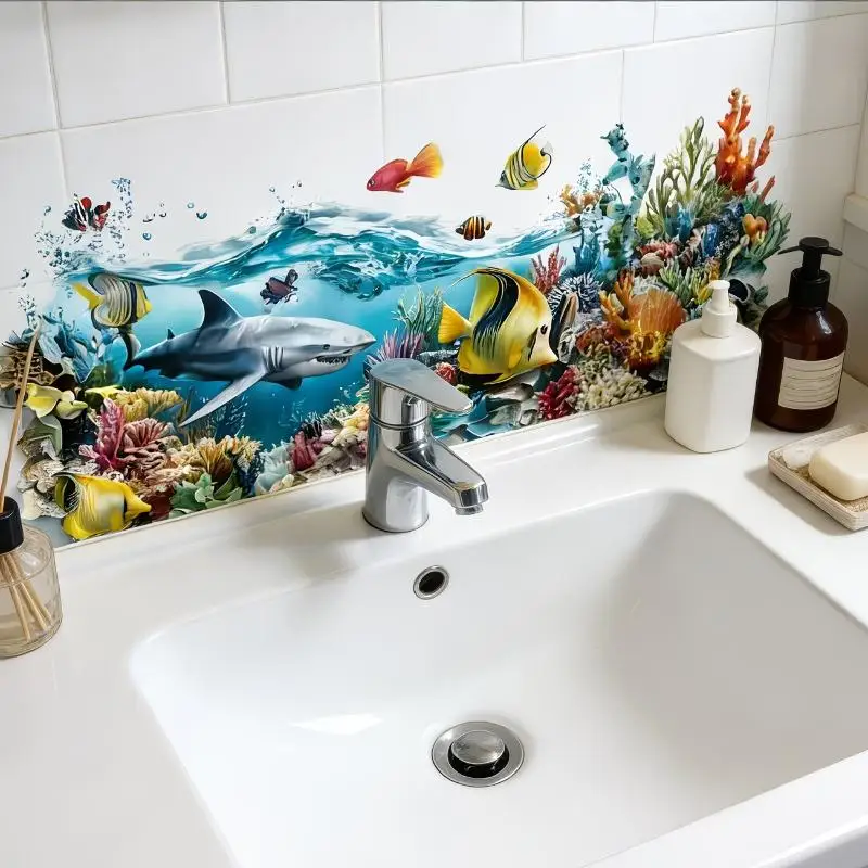 1 Pcs Bathroom Wall Decoration Self-Adhesive Removable Waterproof Creative Sticker Ocean Fish Sink Area Background Wall Sticker