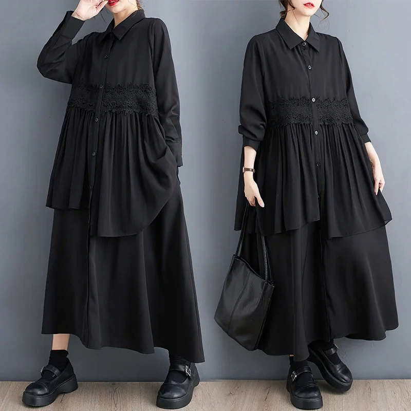 

Black Asymmetric Shirt Dress Women Long Sleeve Loose Split Joint Lace Ruffles A-line Long Dress Ladies Turn-down Collar