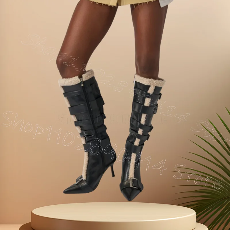 

Lamb Wool Black Buckle Pointed Toe Boots Side Zipper Women Shoes Thin High Heels Fashion Party Banquet 2025 Zapatos Para Mujere