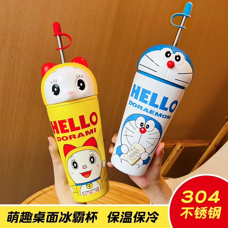 Doraemon Insulated Cup For Boys And Girls 2024 New High-Value Student Ice Cream Cup Stainless Steel Children'S Straw Cup