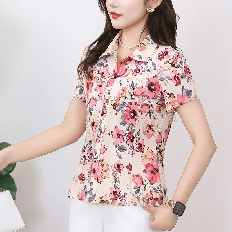 Camicette floreali impiombate stampate con risvolto elegante Abbigliamento donna 2025 Estate Nuovo allentato Manica corta Chic Top Camicie da donna da ufficio