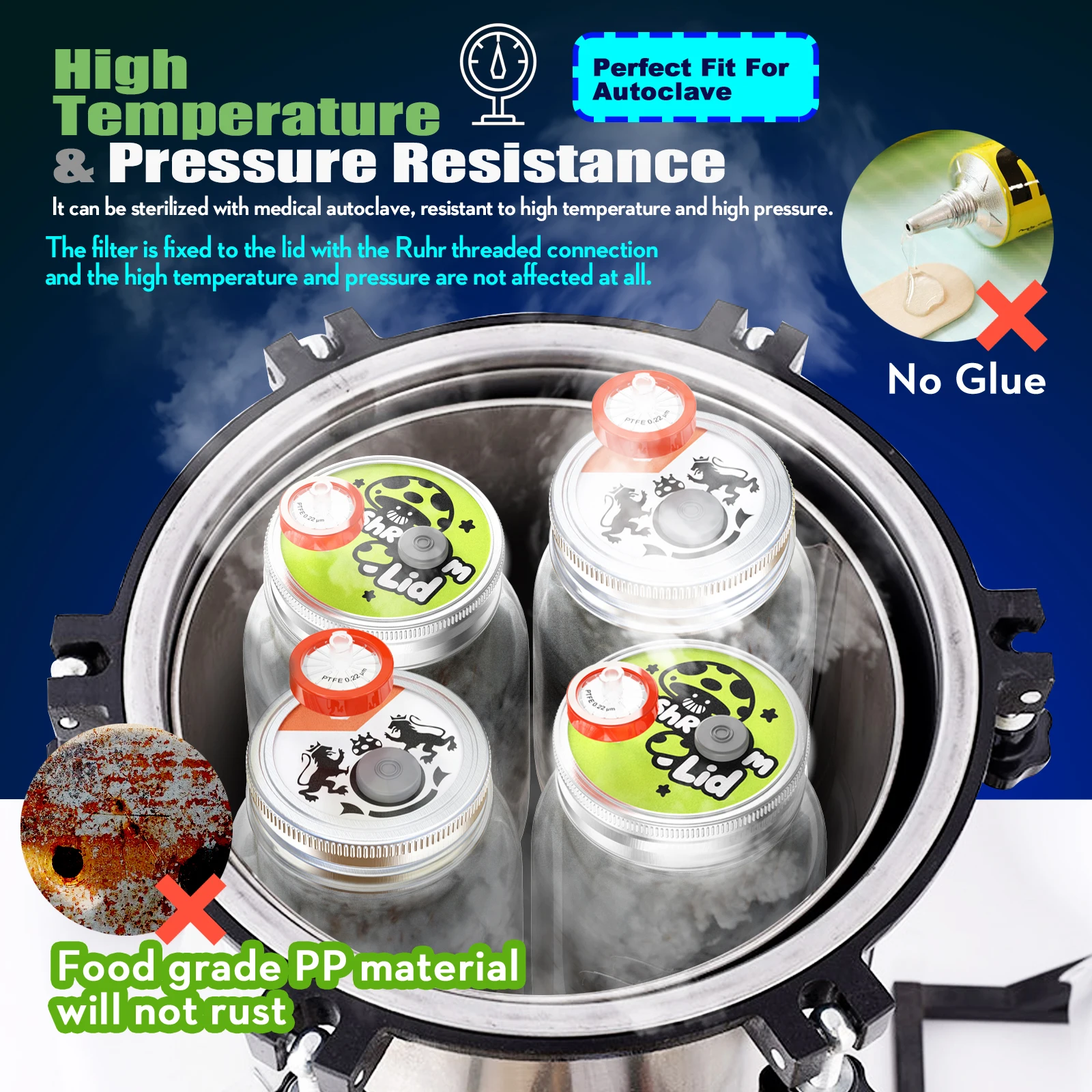 مجموعة زراعة الفطر، جرة ميسون 500 مل مع أغطية مقاومة للصدأ من النوع المنفصل، ومرشحات PTFE ومنافذ حقن ذاتية الشفاء