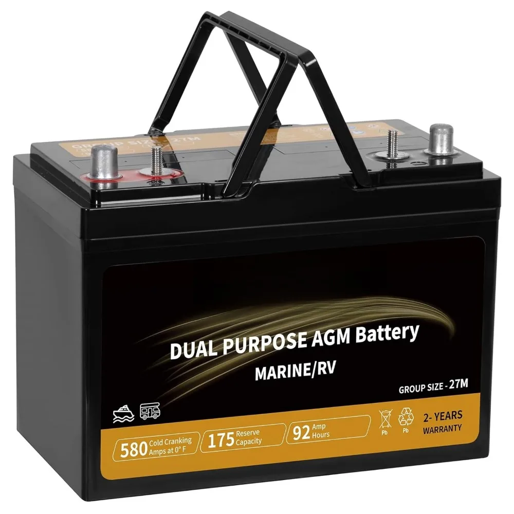 Dual Purpose AGM Battery BCI Group 27M, 175RC 580CCA 12V 92AH Starter & Deep Cycle Sealed Marine & RV Battery, Customized
