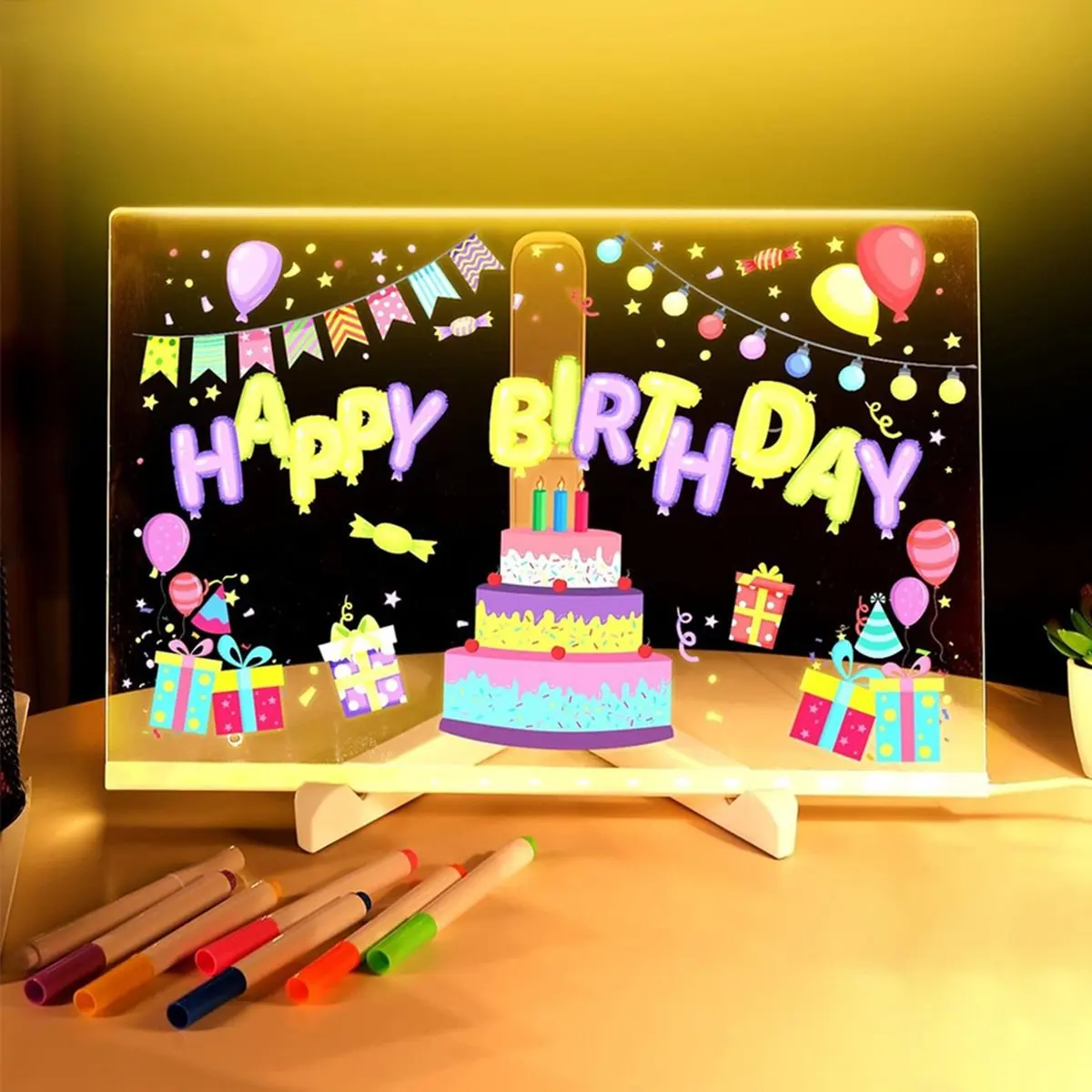A20I LED Note Board with Colors, 2025 Glowing LED Drawing Board for Kids, LED Not Board with Stand and 7 Color Markers L