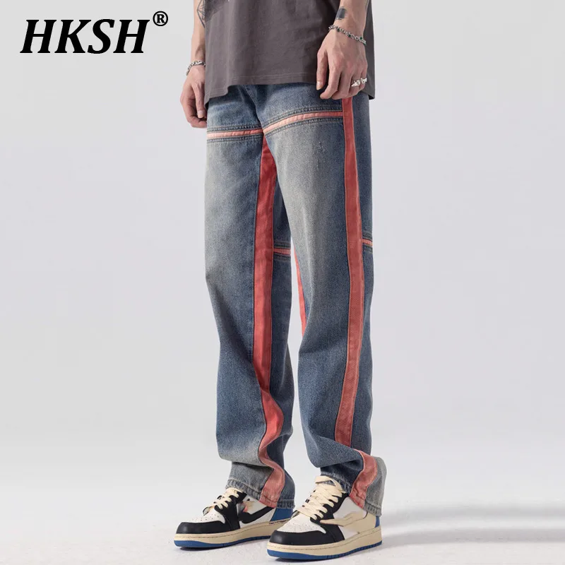 

HKSH Spring Autumn Color Contrast Side Striped Men's Tide Punk Jeans High Street Straight Casual Denim Pants Chic Retro HK1971