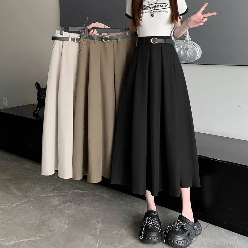 

Ele Bla Suit Skirt High Waist A-Line Midi Skirt Slimming Hip Covering Summer Hepburn Sle Polyester Fiber Busin Hom...