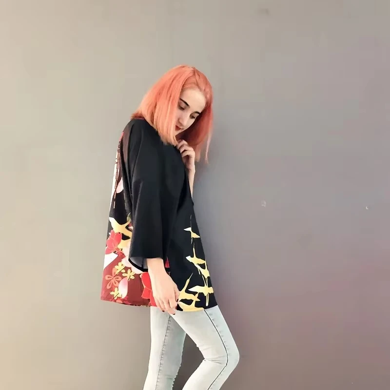 أزياء أنيمي Songstress طباعة الأسود يوكاتا النساء Harajuku الآسيوية التقليدية زي سترة يابانية كيمونو الرجال تأثيري Haori