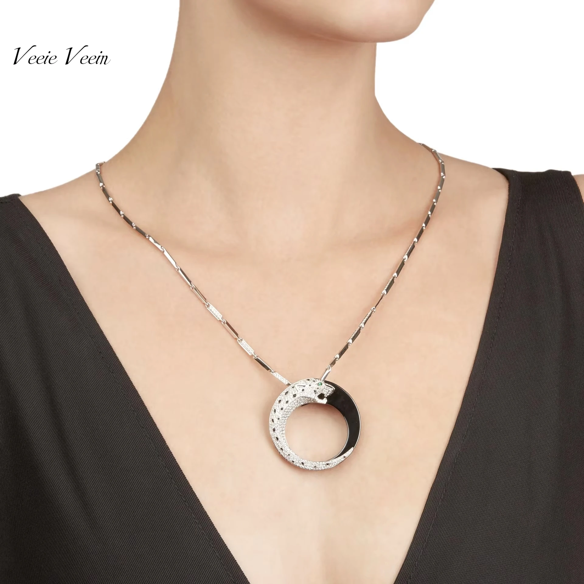 

Veeie Veein брендовый карбоновый бриллиант, двухсторонний леопардовый черный эмаль, женский кулон из стерлингового серебра 925 пробы, ожерелье, подвески, ювелирные изделия