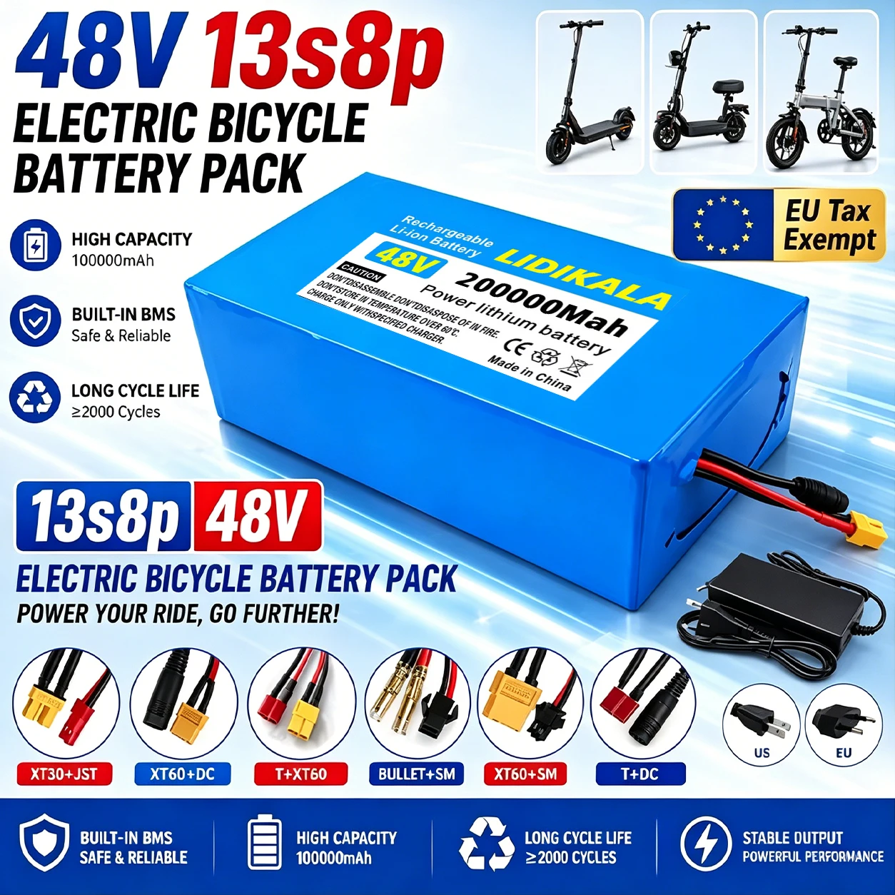 LIDIKALA 48V 200000mAh Power Lithium-Batterie 13S8P Grade A Zellen Tiefzyklus-Akkupack mit integriertem 50A BMS für 2000W Citycoco Elektroroller E-Bike
