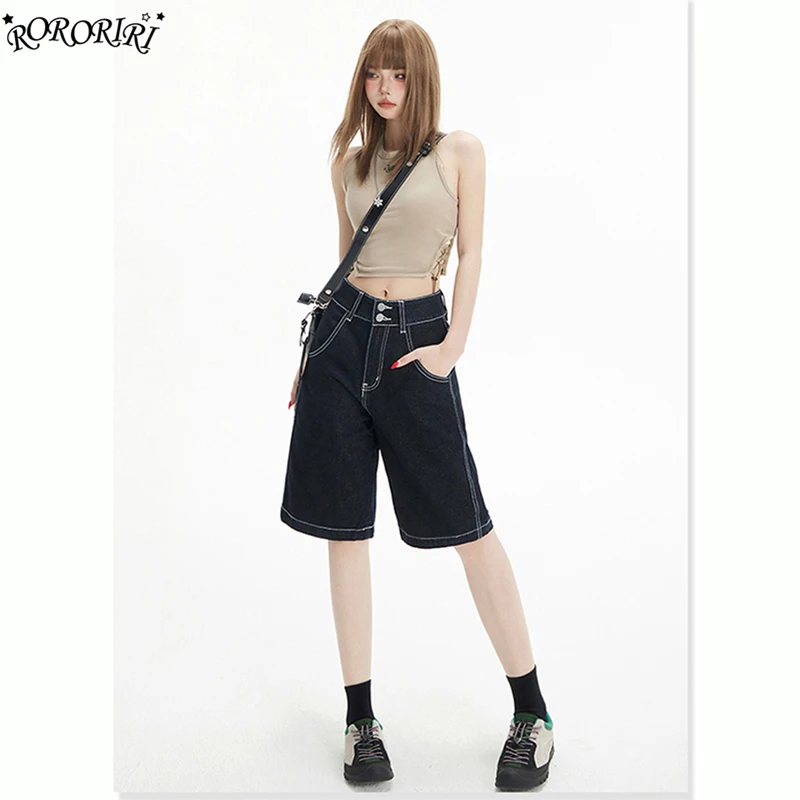 

RORORIRI Ретро черные широкие джинсовые шорты летние свободные джинсы с высокой талией брюки повседневная однотонная уличная одежда до колена