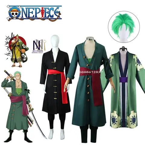Anime Roronoa Zoro Full Set Cosplay Costume - Green Coat, Belt, Pants, Head Scarf, Wig & Earrings for Halloween