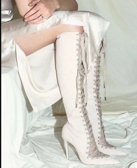 Pink Pointed Toe Butterfly-Knot Knee-High Women Boots Stiletto High Heels Lace Up Design Large Size Fashion Lady Shoes view 4