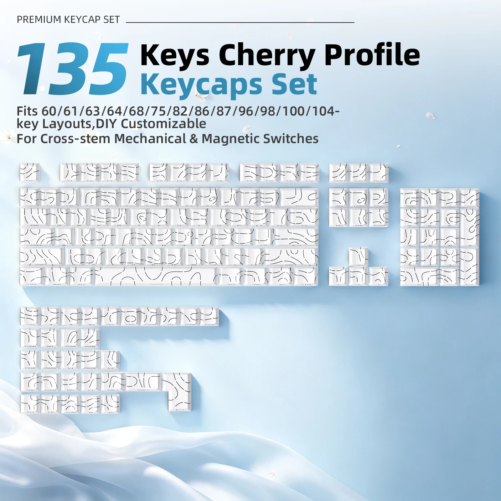 ATTACK SHARK SK06 Topographic Keycap Set,Side Printed,PBT,135 Keys,White Cherry Profile,Shine Through Contour Lines,Double-Shot