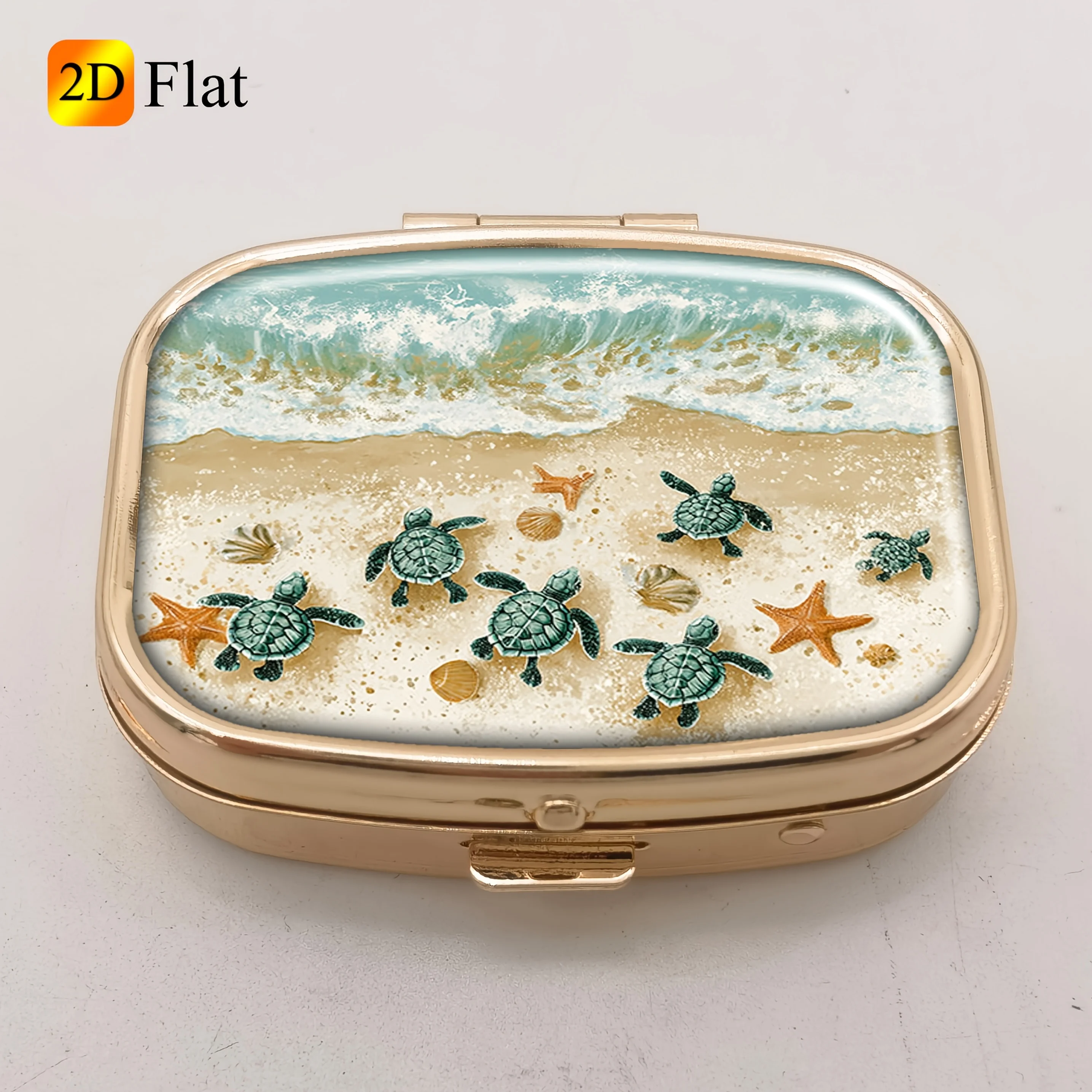 2D Turtle Baby Beach Journey Portable Pill Organizer, a Small Travel Container for Storing Vitamins, Fish Oil, and Supplements, Suitable for Daily Use