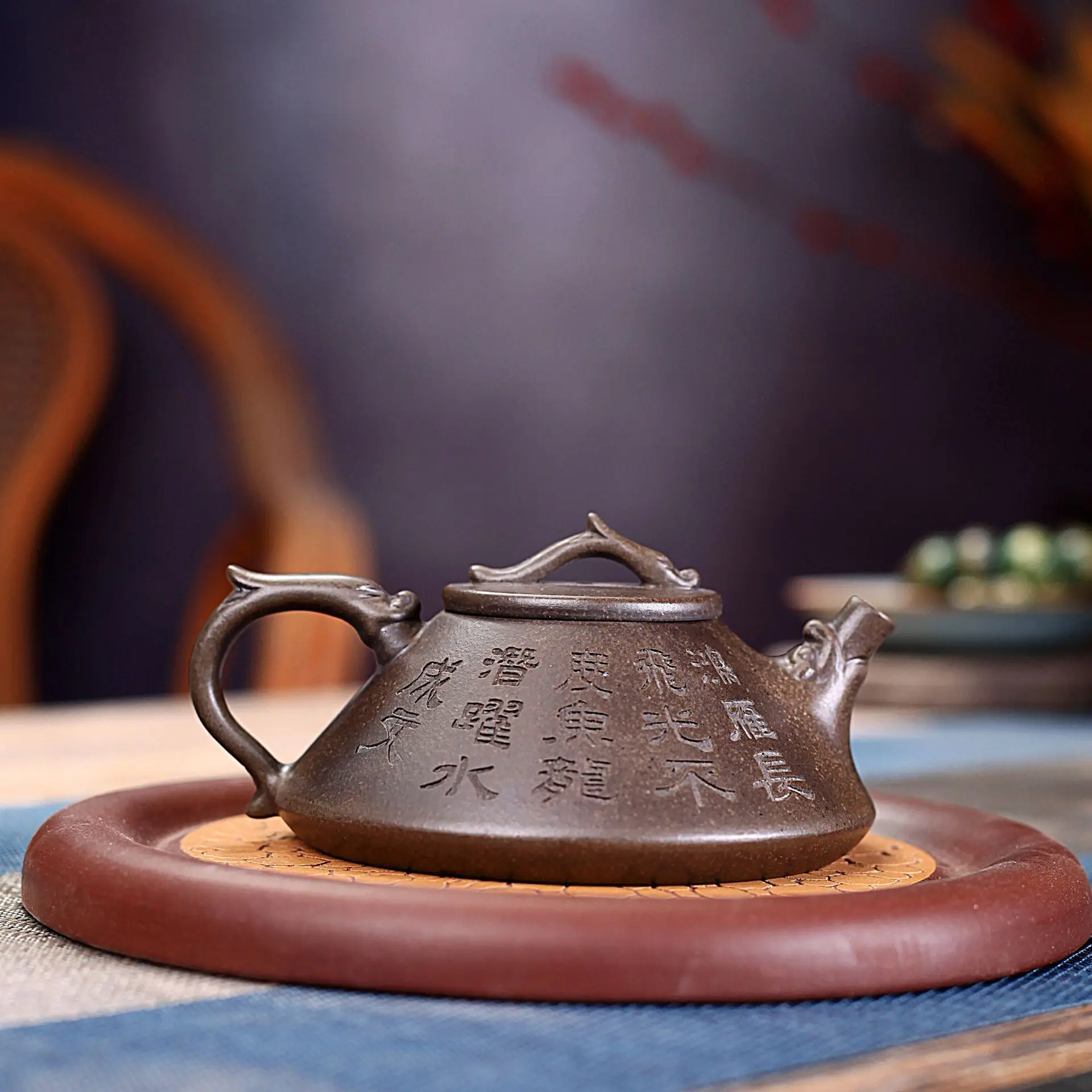 Purple Clay Teapot Tea Set Handmade Ancient Copper Clay Engraved Teapot