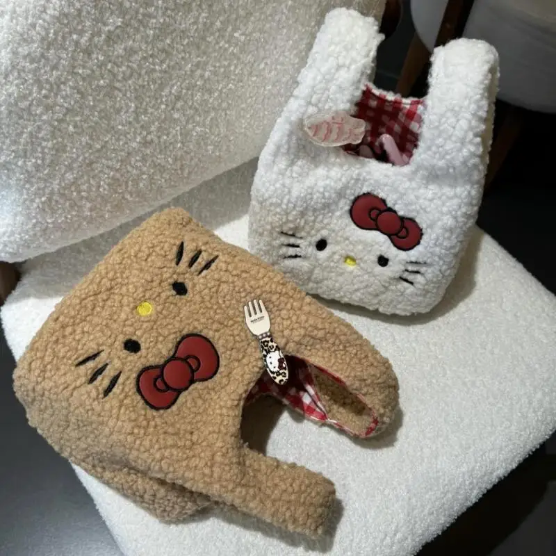

2025 Sanlio New Cute Hello Kitty Handbag Girl's Heart Large Capacity Embroidery Bag Portable Furry Shoulder Bag