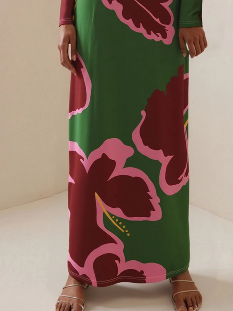 Vestido de moda con estampado Floral y cintura alta para mujer, vestido elegante con cuello redondo y manga larga, vestido largo ajustado, vestido de fiesta bohe con temperamento informal