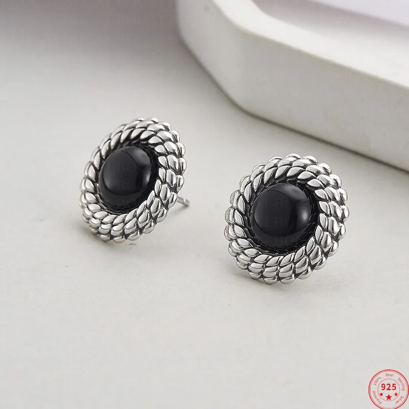 S925 Sterling Silver Charms Studs Earrings for Women Threaded Edge Inlaid Round Agate Ear Stud Fashion Jewelry Free Shipping