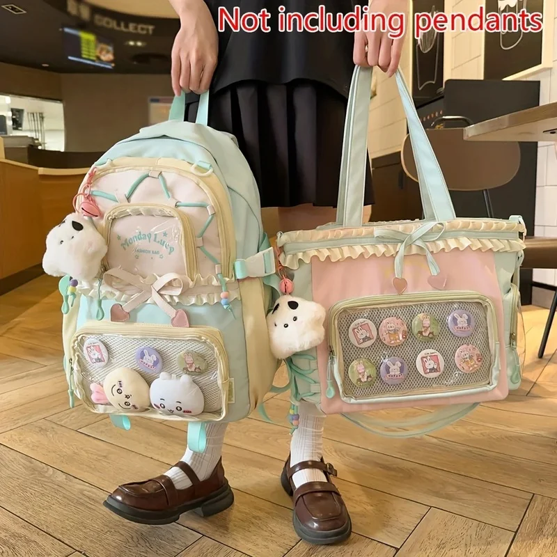 Women Two Piece Backpack Set Cute Lace Kawaii Lightweight School Bag Daypack For Teen Girls Casual Travel