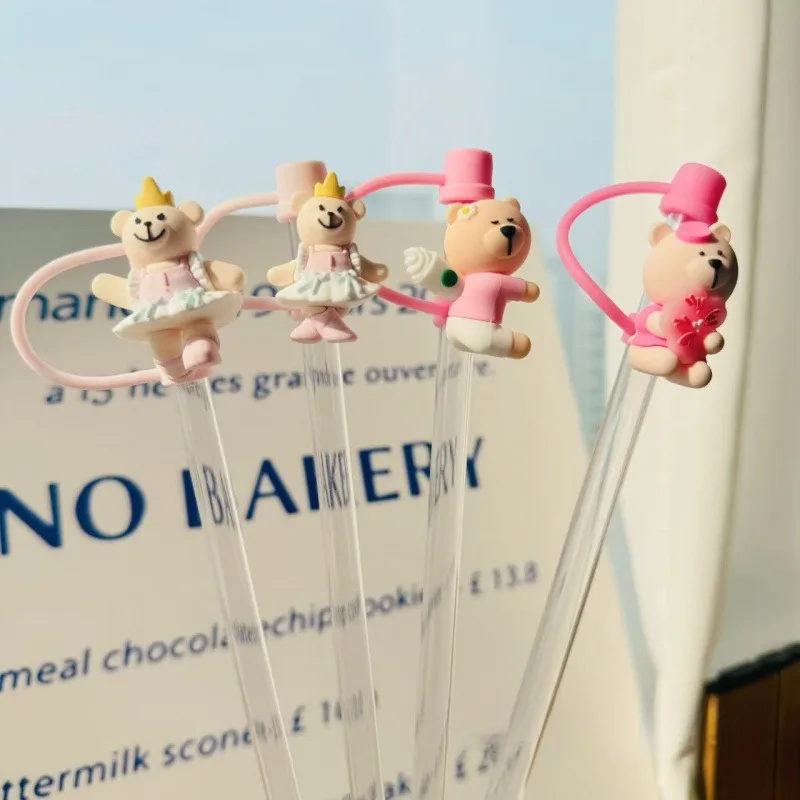 1PC Resistant Straw Cap Suitable for Stanley Tumbler Water Cup Accessories Pink Bear 10mm Dust-proof Silicone Straw Plug Cover