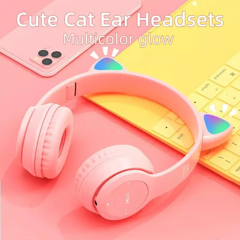 P47 casque sans fil chat oreille avec micro Bluetooth écouteur stéréo basse casques enfants fille cadeau écouteurs PC téléphone casque Gamer