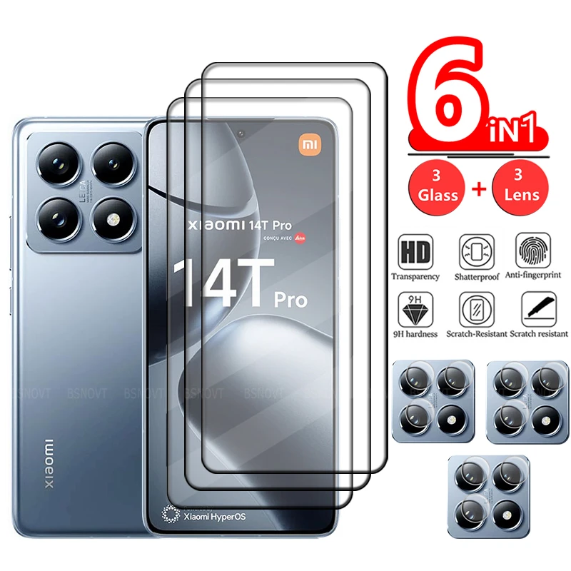 

6-in-1 For Xiaomi 14T Pro Glass Xiaomi Mi 14T Pro Tempered Glass Full Cover Glue HD 9H Screen Protector Xiaomi 14T Pro Len Glass
