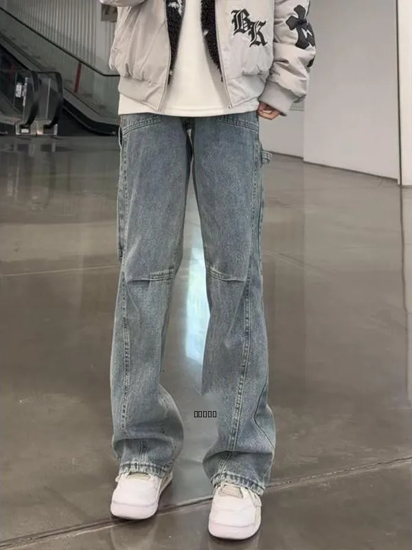 

Мужские повседневные джинсы прямого кроя в американском ретро-стиле, весенне-осенние, прочные, широкие, длинные брюки, модные, с элементами пэчворка