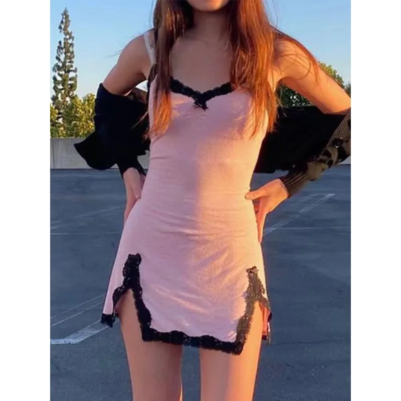 Women Y2k Pink Lace Patchwork Strapless Dress Streetwear Harajuku Emo