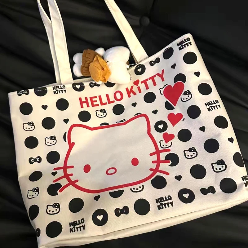 Cartoon Charm Print Hello Kitty Handbag With Keychains Kawaii Lunch Bag Canvas Bag Portable Shoulder Bag Creative Vintage Gift