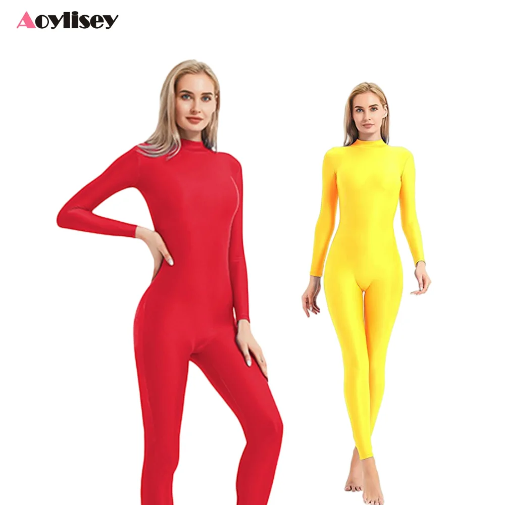 ชุดเต้นรำแขนยาวมีซิปด้านหลังคอเต่าชุดออกกำลังกายจั๊มสูทเสี้อกีฬาบัลเล่ต์ชุดเต็มตัวสำหรับผู้หญิงฟิตเนสโยคะออกกำลังกาย