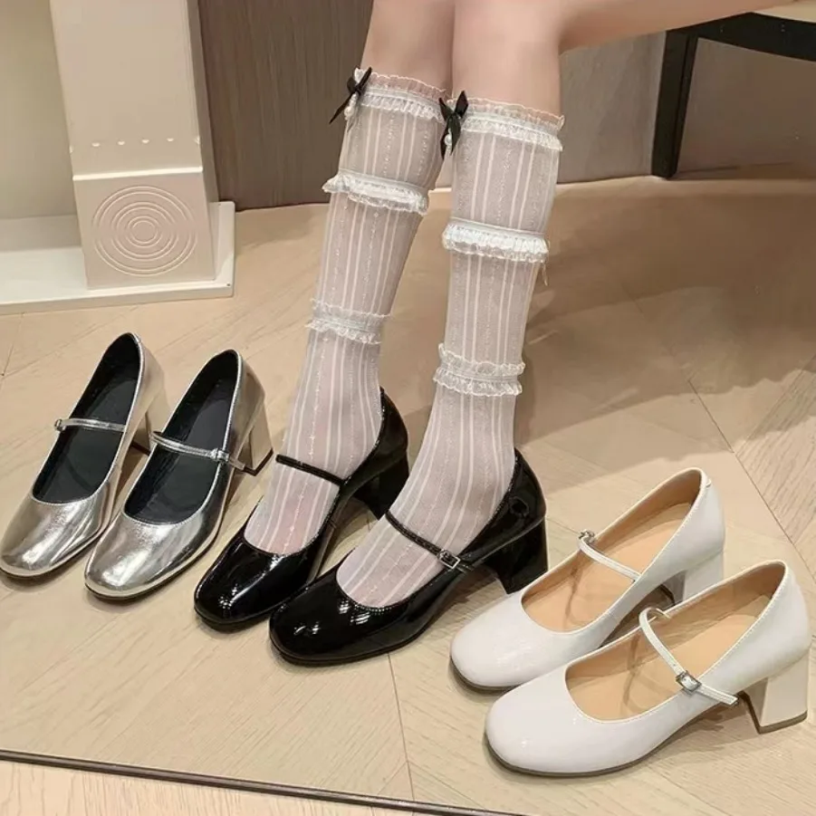 Women High Heels Shoes Silver White Sexy Mary Jane Outdoor Round Toe Fashion Pumps Shoes Lolita Thick Heeled Patent Pu Leather