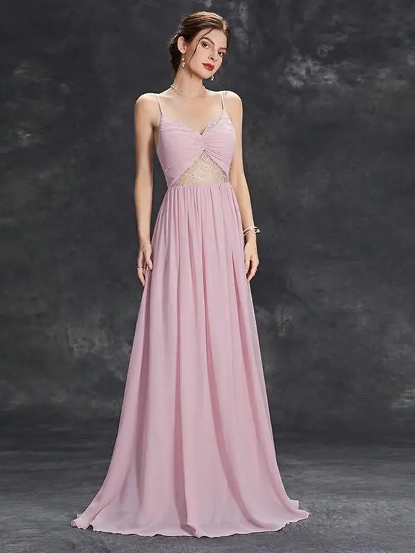 

oulder Bared Maids Prom Dr Women's Sle A-Line Skirt Chiffon Gown mid Waist Slim Fit Par Wear No Sve Wedding Guest