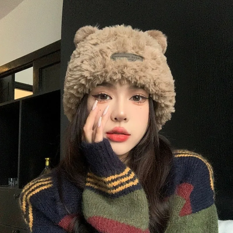 Women Autumn Winter Cute Bear Ear Knitted Beanie, New Plush Warm Wool Hat, Soft Slouchy Beanie for Large Head Circumference