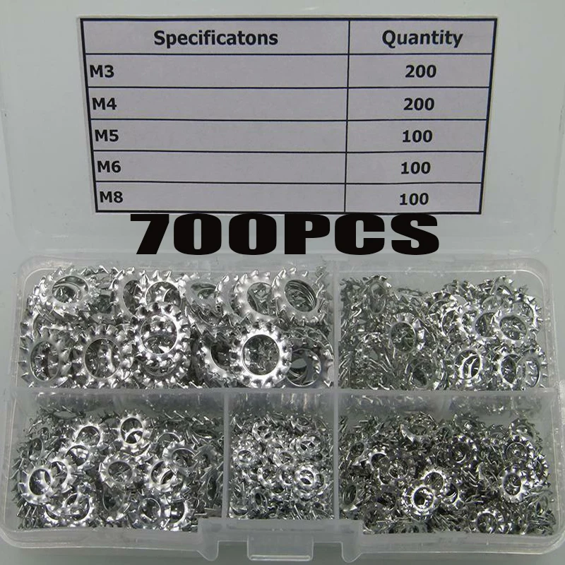 

700pcs Serrated Lock Washer External Tooth Combination Kit M3 M4 M5 M6 M8 Washer