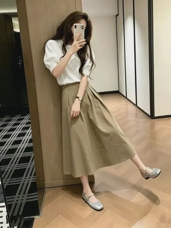 Tagkita Women's Summer Fashion Set Bubble Sleeve Top High Waist Skirt Two-Piece Suite Elegant Quality Outlet Style Short Slee...