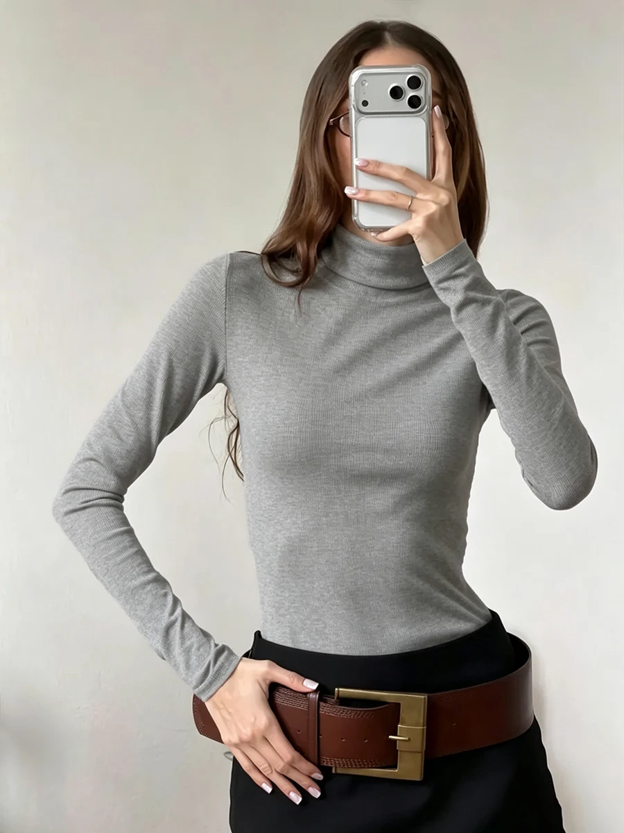 Bornladies Women's Solid Color Slim Fit Stand Up Collar Long Sleeved Elastic Women's Basic Style with Fashionable Top Inside