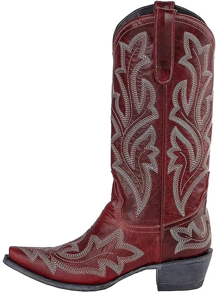 Ladies Boot Classic Embroidered Western Cowboy Boots Women Leather Cowgirl Boots Low Heel Shoes Knee High Woman Boots