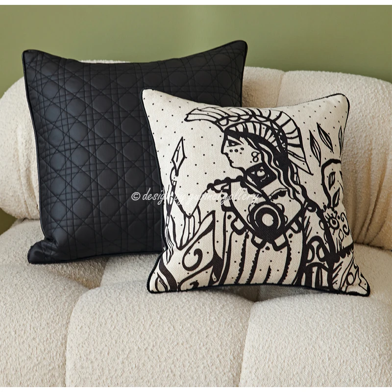 GUVINCI Black And White Retro Senior Sense Cushion Cover Ancient Greek Female Warrior Print Luxury Decorative Pillow Color 45x45