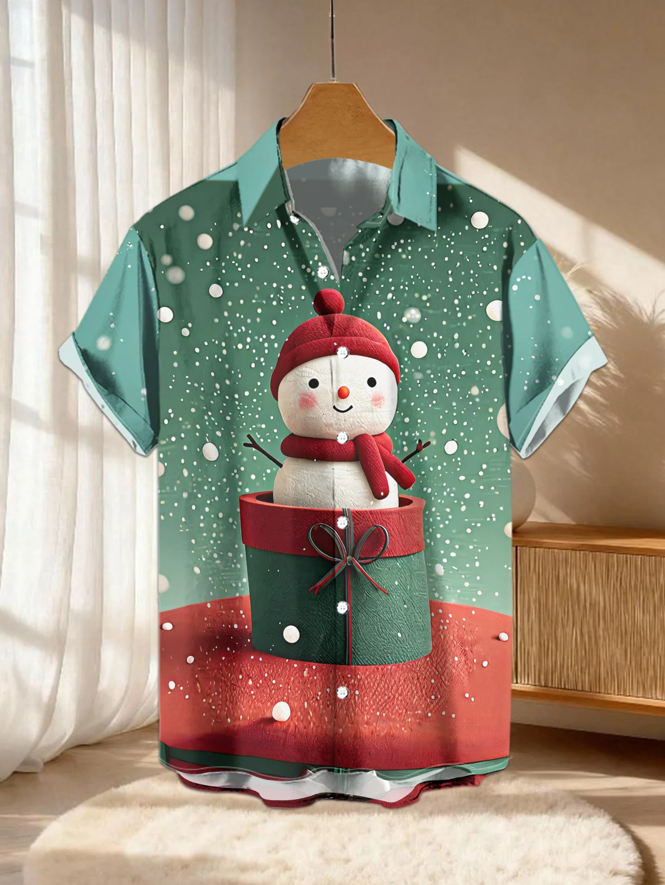 Men Short Sleeve Shirt Christmas Snowman Gift Box Print Lapel Casual Holiday Party Button Down Tops Men's Clothing