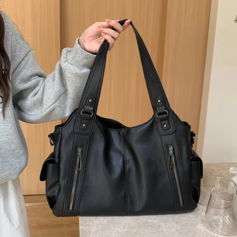 

Женские повседневные сумки-тоут большой вместимости, женская сумка через плечо в стиле ретро, однотонная женская сумка через плечо из искусственной кожи с карманом на молнии