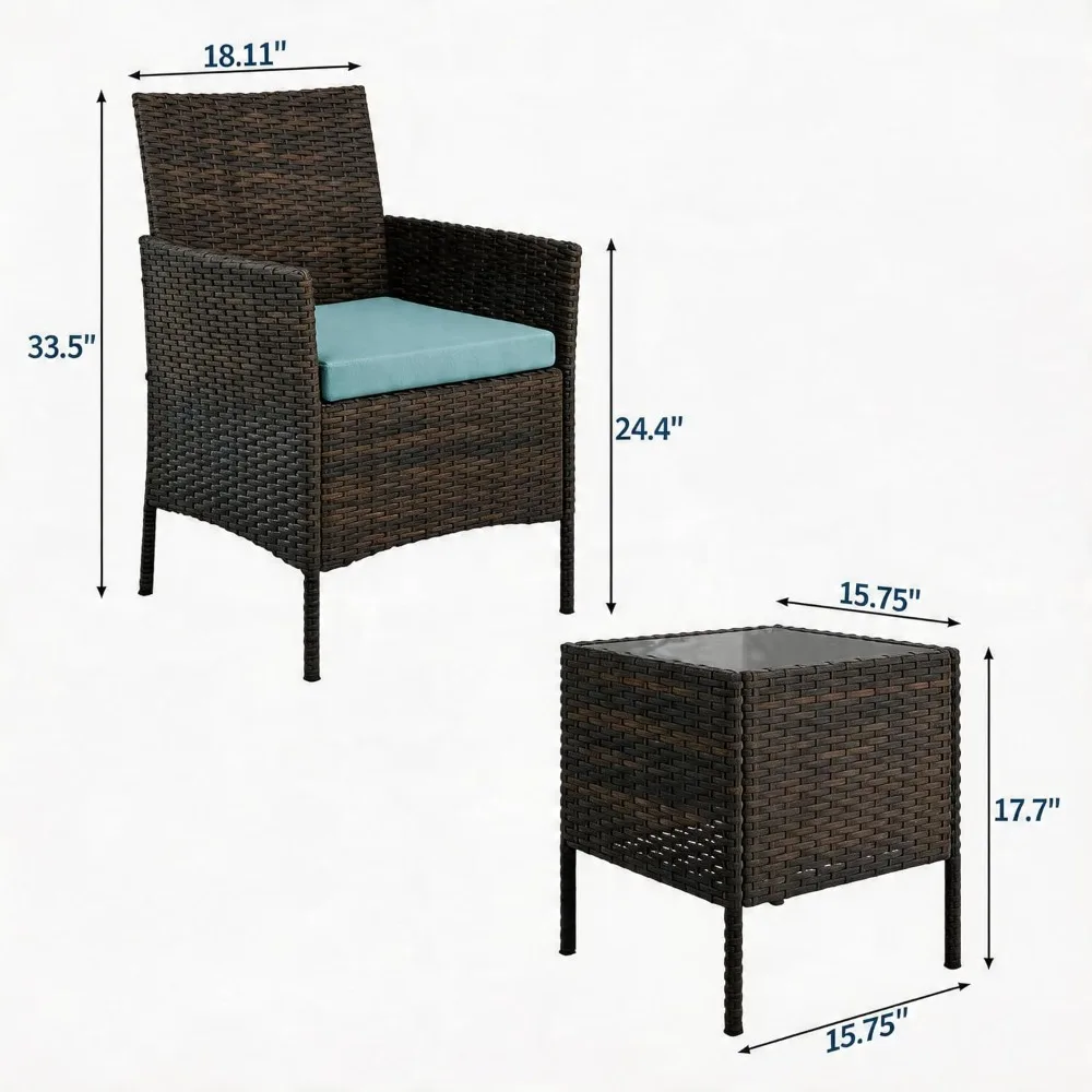 3-Piece Outdoor Furniture Set with Cushioned Chairs and Glass Top Coffee Table for Garden, Backyard, and Poolside