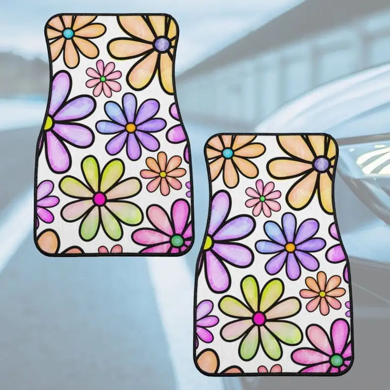 Car FRONT Floor Mats (Set of 2), Bright Floral Car Mats, Teenage Girl Feminine Car Accessories, Car Floor Mats for Women